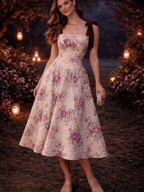 Francesca's Collections Cream Floral Midi Dress with Wine Tie Straps Tapestry